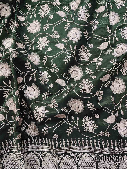 Bottle Green Banarasi Organza Silver Zari Work Floral Design Embroidery Saree
