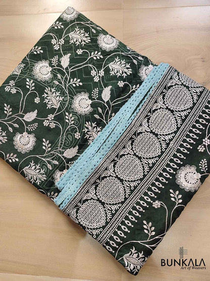 Bottle Green Banarasi Organza Silver Zari Work Floral Design Embroidery Saree