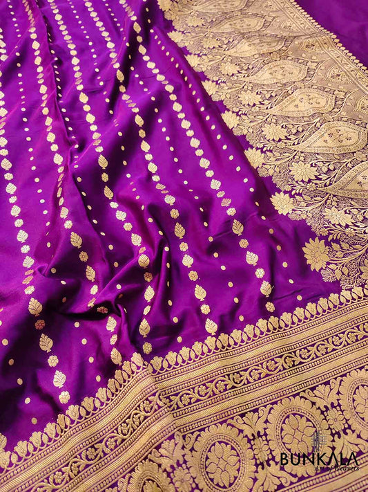Majestic Purple Elegance Pure Mashru Silk Allover Buti Design Handloom Banarasi Saree