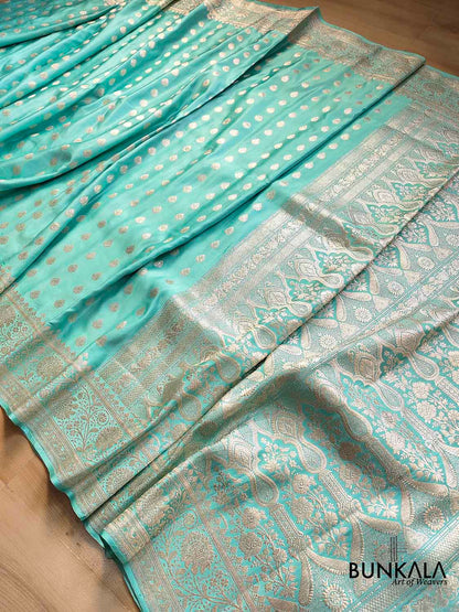 Handcrafted Blue Banarasi Silk Saree with Traditional Buti Design in Mashru Silk