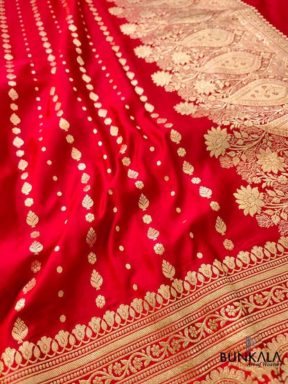 Vibrant Red Pure Mashru Silk Allover Buti Design Handloom Banarasi Saree