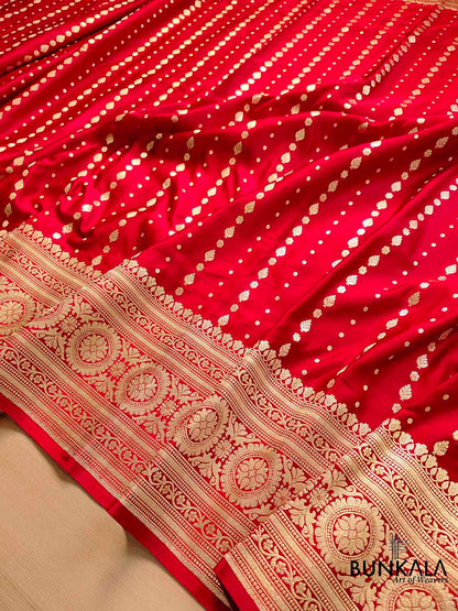 Vibrant Red Pure Mashru Silk Allover Buti Design Handloom Banarasi Saree