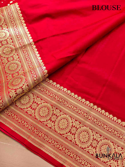 Vibrant Red Pure Mashru Silk Allover Buti Design Handloom Banarasi Saree