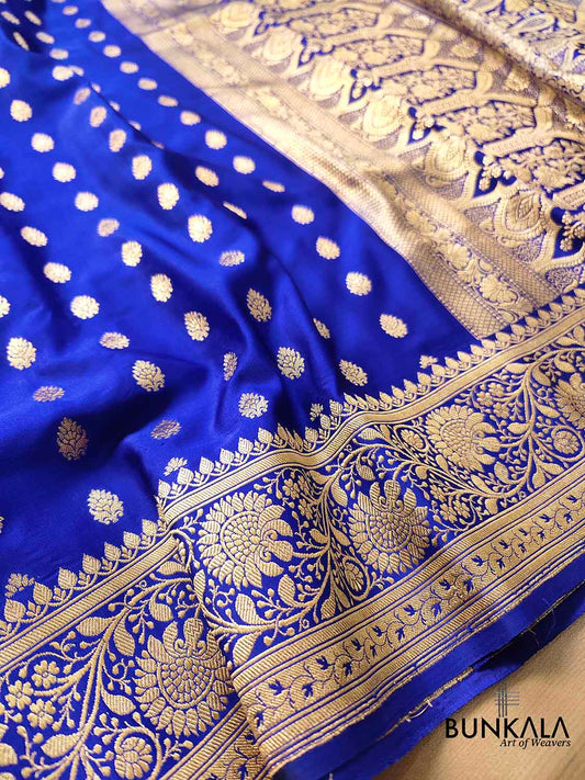 Graceful Royal Blue Pure Mashru Silk Allover Buti Design Handloom Banarasi Saree