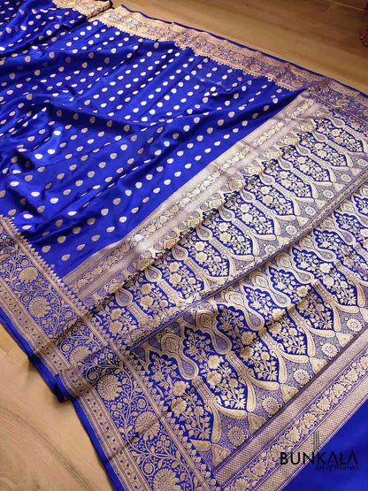 Graceful Royal Blue Pure Mashru Silk Allover Buti Design Handloom Banarasi Saree
