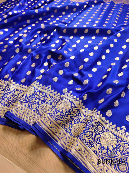 Graceful Royal Blue Pure Mashru Silk Allover Buti Design Handloom Banarasi Saree