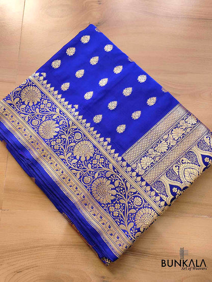 Graceful Royal Blue Pure Mashru Silk Allover Buti Design Handloom Banarasi Saree