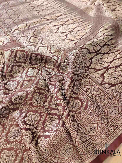 Intricate Delight Brown Silver Zari Mashru Silk Banarasi Saree