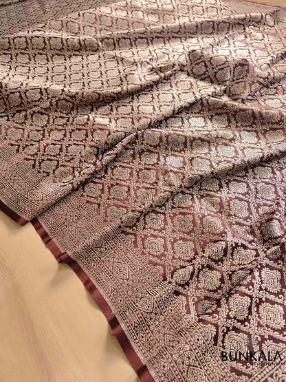 Intricate Delight Brown Silver Zari Mashru Silk Banarasi Saree
