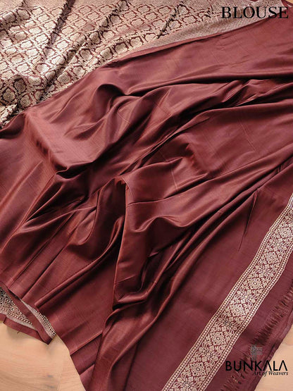 Intricate Delight Brown Silver Zari Mashru Silk Banarasi Saree