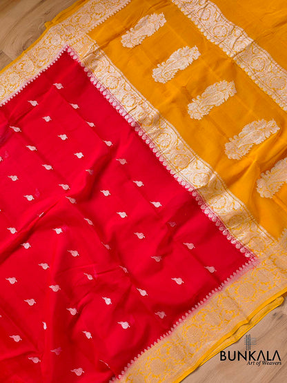 Enchanting Elegance Red Banarasi Pure Khaddi Chiffon Saree with Silver Zari Buti and Orange Contrast Border