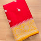 Enchanting Elegance Red Banarasi Pure Khaddi Chiffon Saree with Silver Zari Buti and Orange Contrast Border