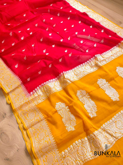 Enchanting Elegance Red Banarasi Pure Khaddi Chiffon Saree with Silver Zari Buti and Orange Contrast Border
