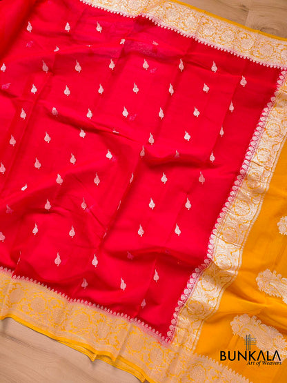 Enchanting Elegance Red Banarasi Pure Khaddi Chiffon Saree with Silver Zari Buti and Orange Contrast Border