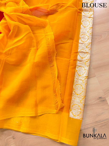 Enchanting Elegance Red Banarasi Pure Khaddi Chiffon Saree with Silver Zari Buti and Orange Contrast Border