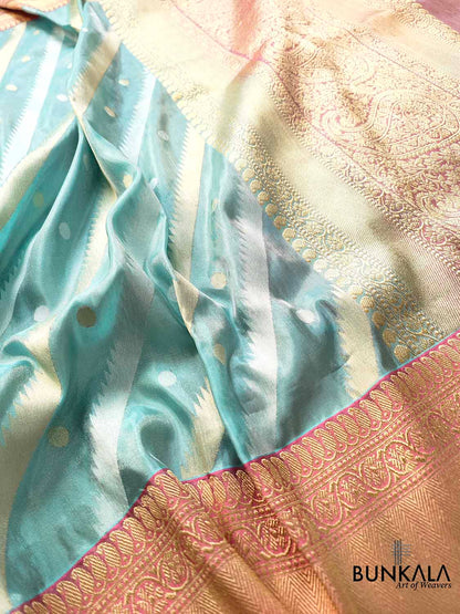 Handcrafted Blue Ektara Pure Tissue Silk Kadwa Sona Rupa Stripe Design Banarasi Saree with Pink Contrast Border and Pallu