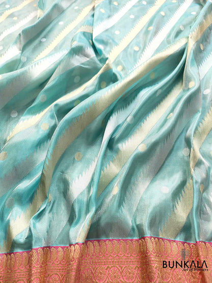 Handcrafted Blue Ektara Pure Tissue Silk Kadwa Sona Rupa Stripe Design Banarasi Saree with Pink Contrast Border and Pallu