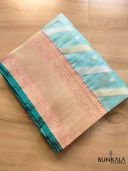 Handcrafted Blue Ektara Pure Tissue Silk Kadwa Sona Rupa Stripe Design Banarasi Saree with Pink Contrast Border and Pallu