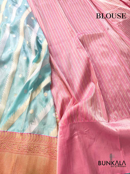 Handcrafted Blue Ektara Pure Tissue Silk Kadwa Sona Rupa Stripe Design Banarasi Saree with Pink Contrast Border and Pallu