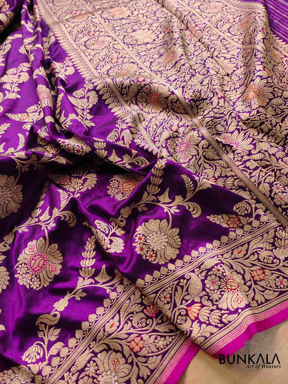 Plum Blossom Dark Purple Intricate Handwoven Pure Katan Silk Kadwa Jangla Meenakari Banarasi Saree
