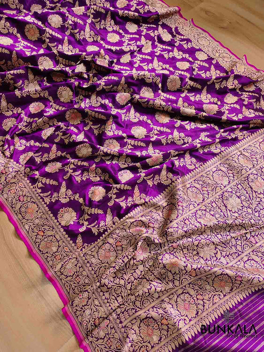 Plum Blossom Dark Purple Intricate Handwoven Pure Katan Silk Kadwa Jangla Meenakari Banarasi Saree