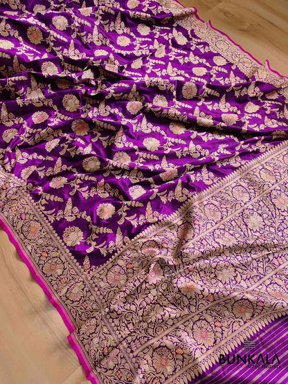 Plum Blossom Dark Purple Intricate Handwoven Pure Katan Silk Kadwa Jangla Meenakari Banarasi Saree