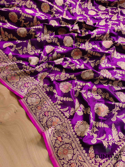 Plum Blossom Dark Purple Intricate Handwoven Pure Katan Silk Kadwa Jangla Meenakari Banarasi Saree