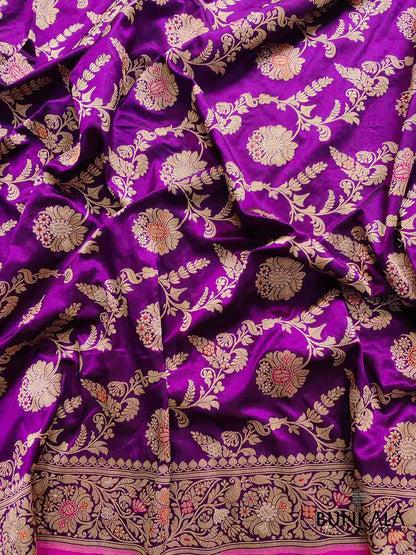Plum Blossom Dark Purple Intricate Handwoven Pure Katan Silk Kadwa Jangla Meenakari Banarasi Saree