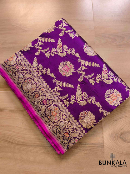 Plum Blossom Dark Purple Intricate Handwoven Pure Katan Silk Kadwa Jangla Meenakari Banarasi Saree