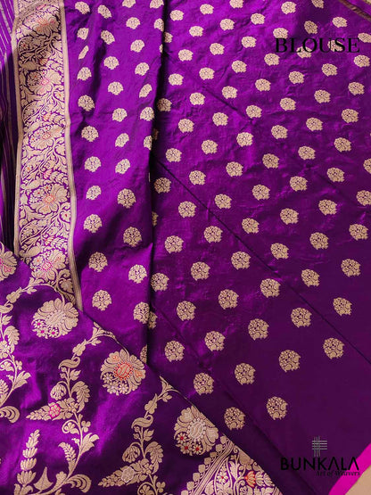 Plum Blossom Dark Purple Intricate Handwoven Pure Katan Silk Kadwa Jangla Meenakari Banarasi Saree