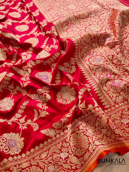 Luxurious Appeal Red Intricate Handwoven Pure Katan Silk Kadwa Jangla Meenakari Banarasi Saree