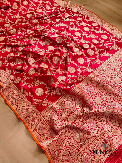 Luxurious Appeal Red Intricate Handwoven Pure Katan Silk Kadwa Jangla Meenakari Banarasi Saree