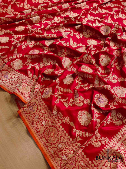Luxurious Appeal Red Intricate Handwoven Pure Katan Silk Kadwa Jangla Meenakari Banarasi Saree