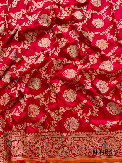 Luxurious Appeal Red Intricate Handwoven Pure Katan Silk Kadwa Jangla Meenakari Banarasi Saree