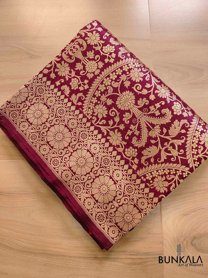 Traditional Touch Dark Maroon Heritage Brocade Design Handloom Pure Katan Silk Meenakari Banarasi Saree