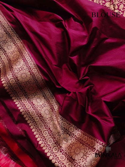 Traditional Touch Dark Maroon Heritage Brocade Design Handloom Pure Katan Silk Meenakari Banarasi Saree
