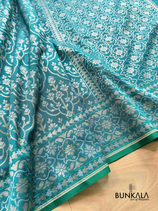 Teal Blue Ektara Banarasi Jamdani Weaved Silk Saree