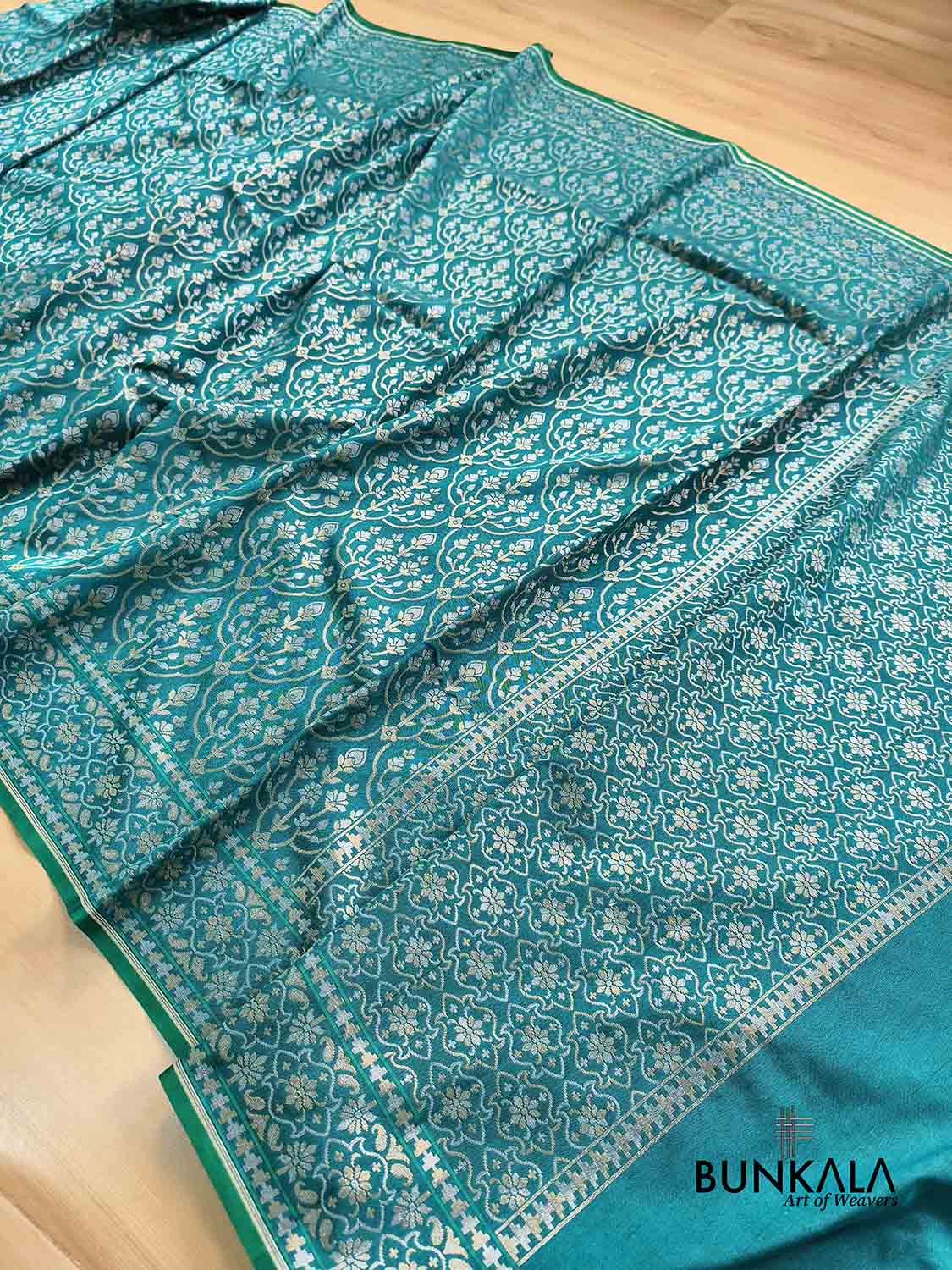 Teal Blue Ektara Banarasi Jamdani Weaved Silk Saree