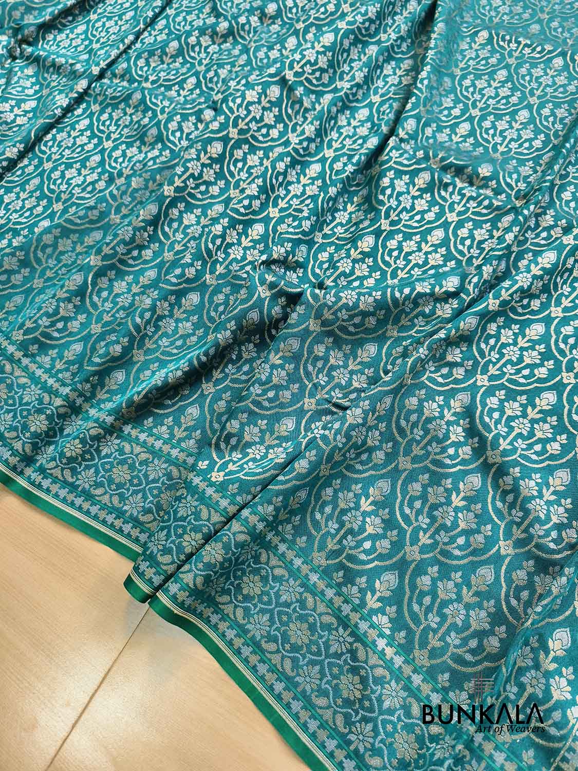 Teal Blue Ektara Banarasi Jamdani Weaved Silk Saree