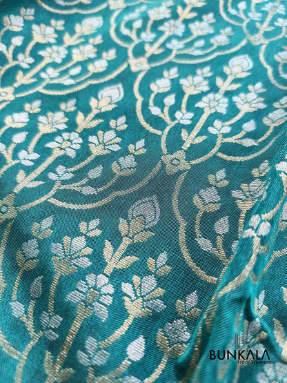 Teal Blue Ektara Banarasi Jamdani Weaved Silk Saree