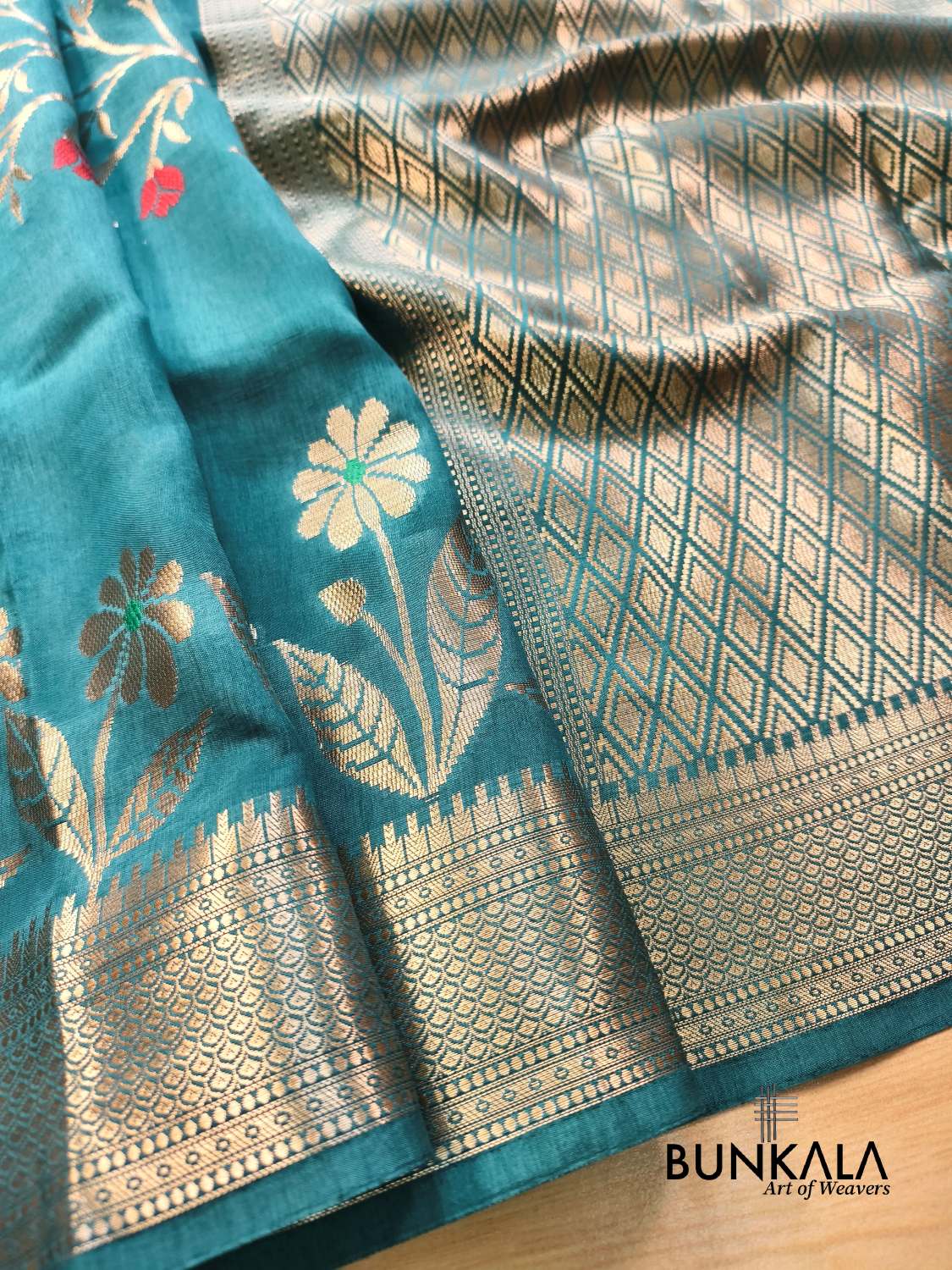 Teal Blue Meena Floral Pure Banarasi Mango Silk Saree 