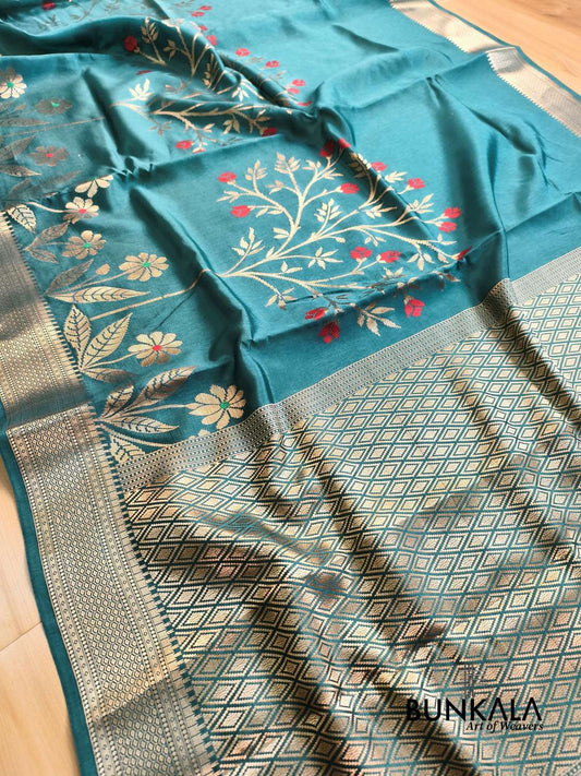 Teal Blue Meena Floral Pure Banarasi Mango Silk Saree 