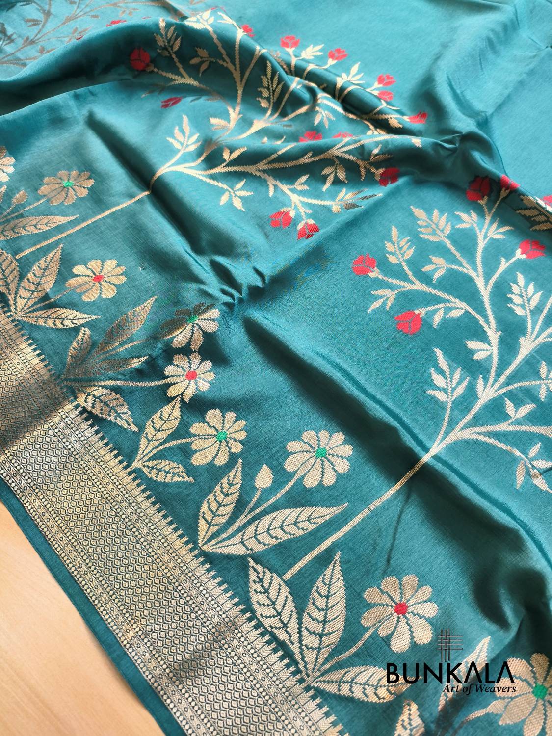 Teal Blue Meena Floral Pure Banarasi Mango Silk Saree 