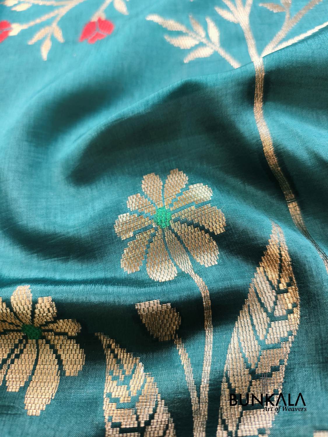 Teal Blue Meena Floral Pure Banarasi Mango Silk Saree 