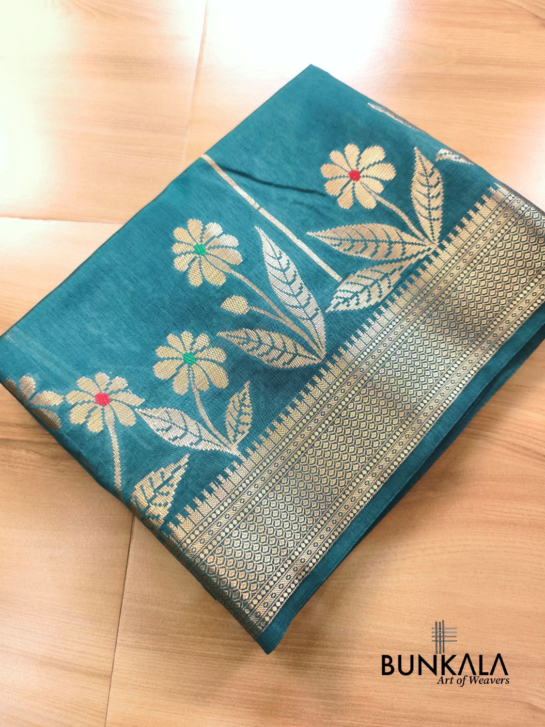 Teal Blue Meena Floral Pure Banarasi Mango Silk Saree 