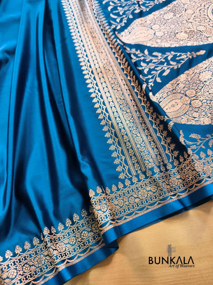 Teal Blue Plain Banarasi Mashru Soft Silk Saree with Paisley Pallu 