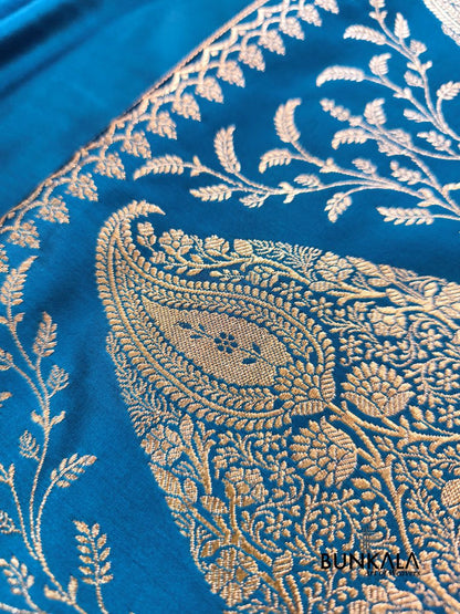 Teal Blue Plain Banarasi Mashru Soft Silk Saree with Paisley Pallu