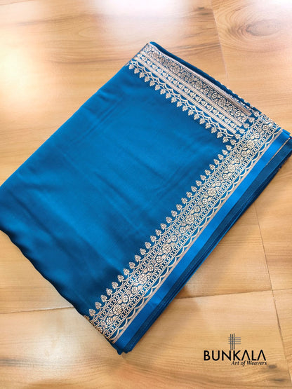 Teal Blue Plain Banarasi Mashru Soft Silk Saree with Paisley Pallu 