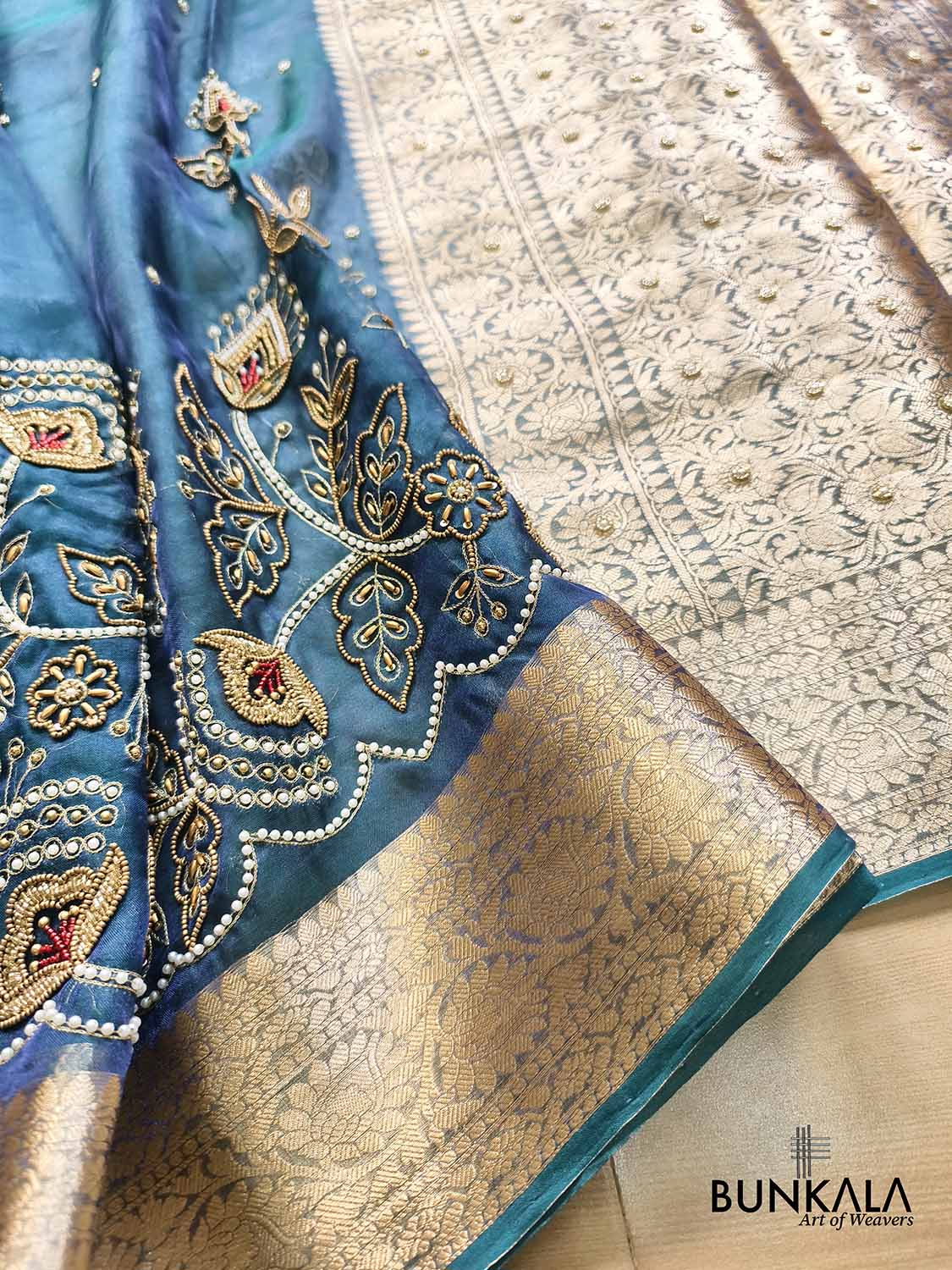 Teal Blue Pure Tissue Hand Embroidered Work Banarasi Saree