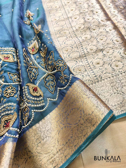 Teal Blue Pure Tissue Hand Embroidered Work Banarasi Saree